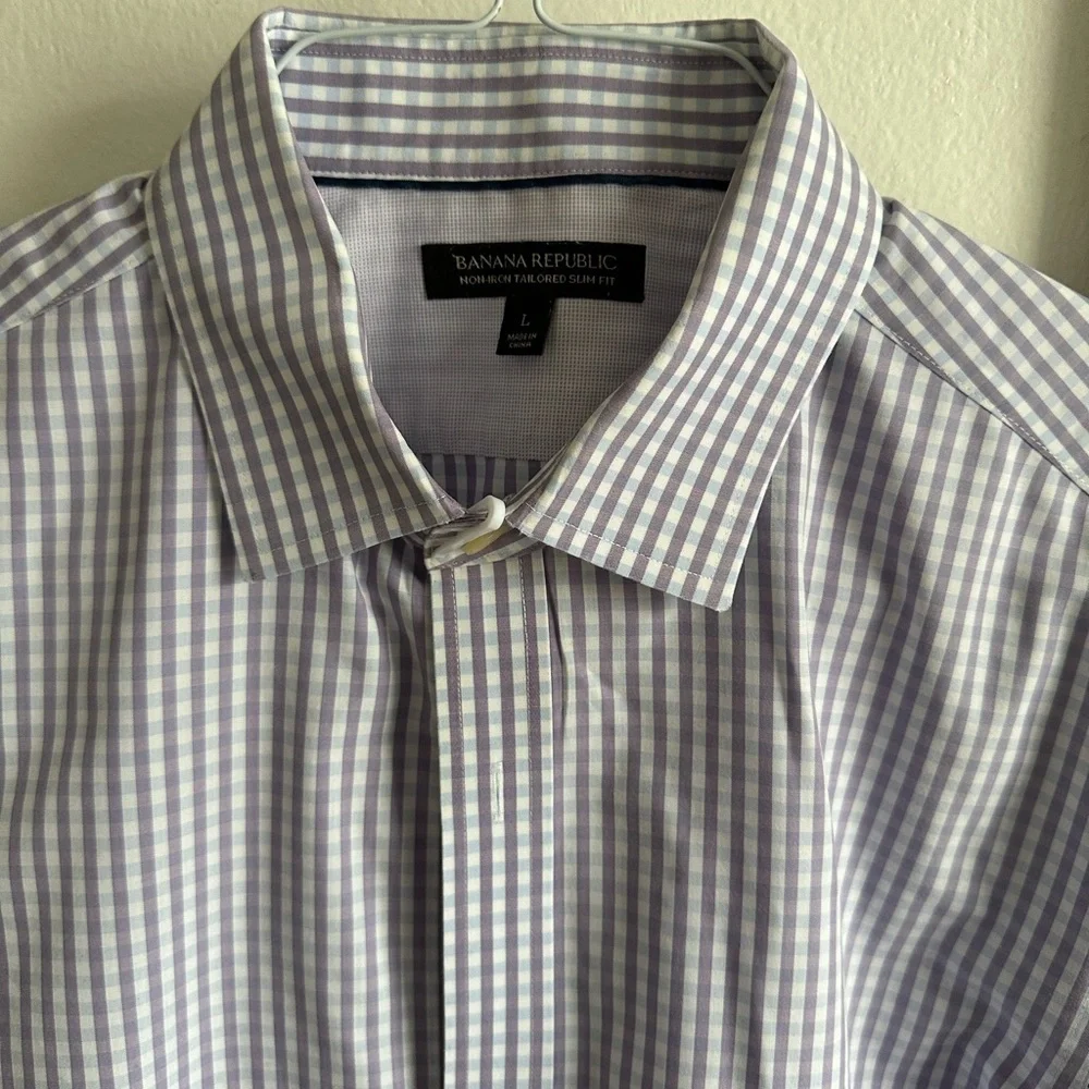 Banana Republic Men Large Non-Iron Slim Fit Long Sleeve Purple Blue Check Shirt